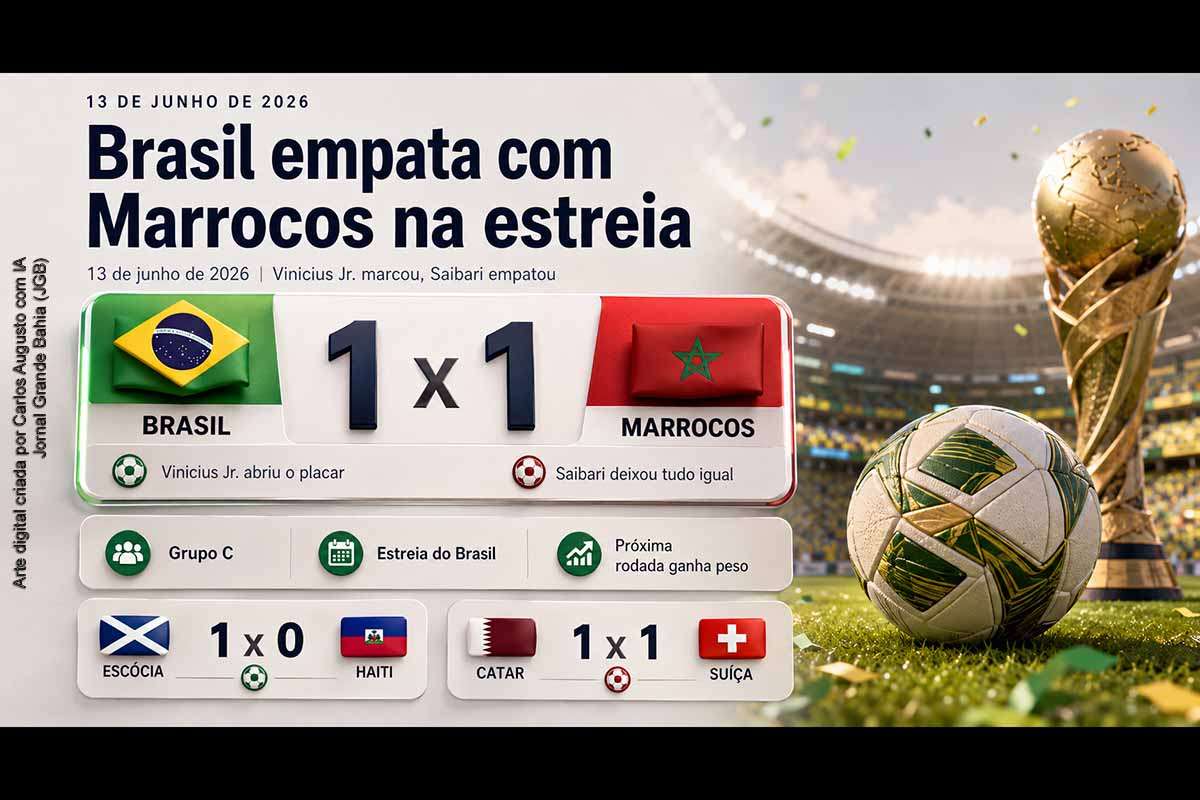 Brasil empatou com Marrocos por 1 a 1 na estreia da Copa do Mundo 2026, com gol de Vinicius Jr. e resposta marroquina de Saibari. A rodada também teve empate entre Catar e Suíça e vitória da Escócia sobre o Haiti.