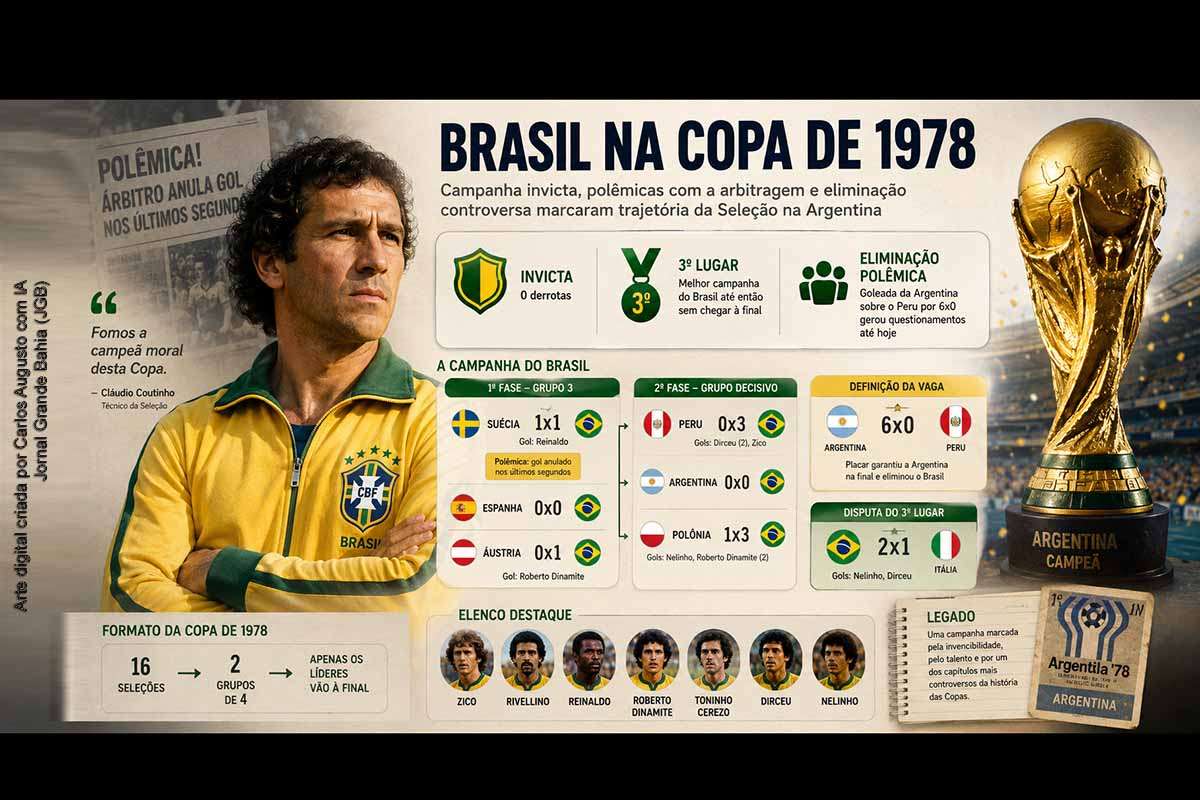 A Copa do Mundo de 1978 ficou marcada pela campanha invicta da Seleção Brasileira na Argentina. O Brasil não perdeu nenhuma partida, terminou em terceiro lugar e foi eliminado da disputa pelo título após a goleada da Argentina sobre o Peru na fase decisiva. A competição também teve como destaque a polêmica arbitragem no empate contra a Suécia e o formato de disputa que substituía semifinais por grupos classificatórios.