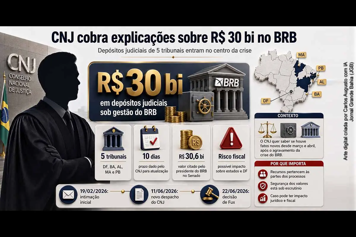 O CNJ deu novo prazo para que cinco tribunais atualizem informações sobre cerca de R$ 30 bilhões em depósitos judiciais administrados pelo BRB. A cobrança ocorre após o agravamento da crise do banco e envolve recursos vinculados a processos judiciais no Distrito Federal, Bahia, Alagoas, Maranhão e Paraíba. O caso mobiliza CNJ, STF, Senado, tribunais estaduais e especialistas diante de riscos jurídicos, fiscais e institucionais.