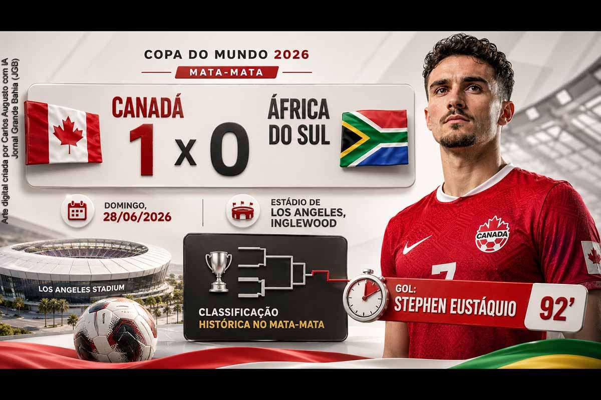 O Canadá venceu a África do Sul por 1 a 0 no domingo, 28/06/2026, em Los Angeles, e avançou às oitavas de final da Copa do Mundo da FIFA 2026. Stephen Eustáquio marcou o gol decisivo aos 92 minutos. A partida abriu a fase eliminatória no novo formato com 48 seleções e confirmou uma classificação histórica para uma das seleções anfitriãs do torneio.
