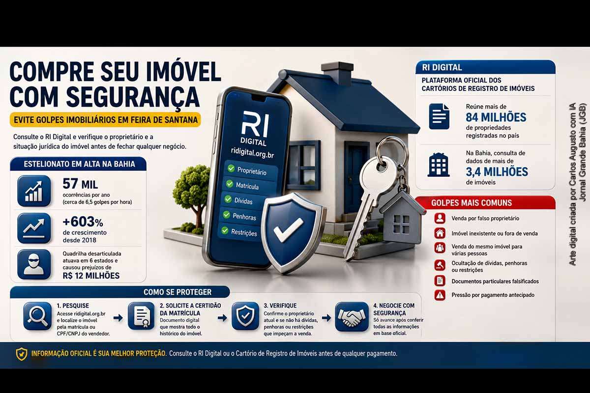 Cartórios de Registro de Imóveis orientam compradores de Feira de Santana a consultar o RI Digital antes de fechar negócios imobiliários. A medida busca prevenir fraudes como falsos proprietários, imóveis inexistentes, vendas duplicadas e ocultação de restrições legais. Segundo a Ariba, a certidão digital da matrícula permite identificar o proprietário atual, verificar dívidas, penhoras e bloqueios, além de reduzir riscos patrimoniais em transações de alto valor.