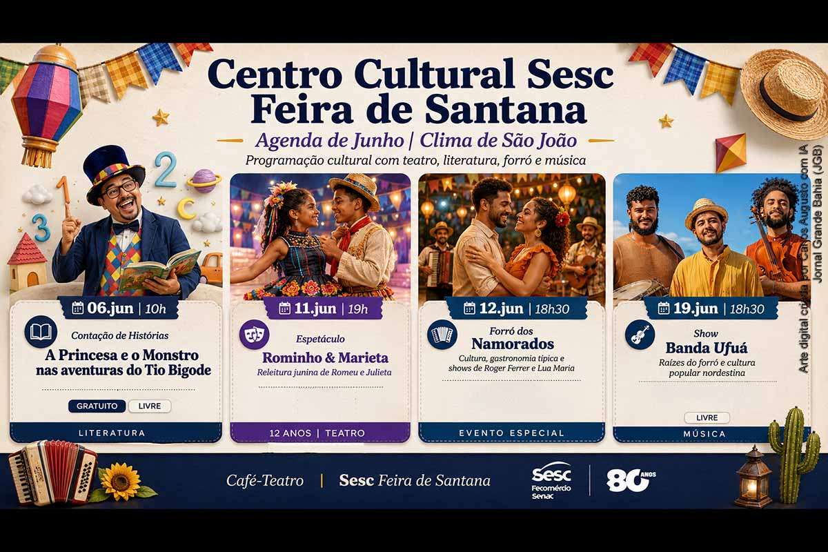 O Centro Cultural Sesc Feira de Santana prossegue, em junho de 2026, com programação especial de São João, incluindo contação de histórias, o espetáculo “Rominho e Marieta”, o Forró dos Namorados e show da banda UFUÁ. A agenda combina teatro, música, cultura popular, gastronomia típica e ingressos acessíveis, reforçando o papel do equipamento cultural no calendário junino da cidade.