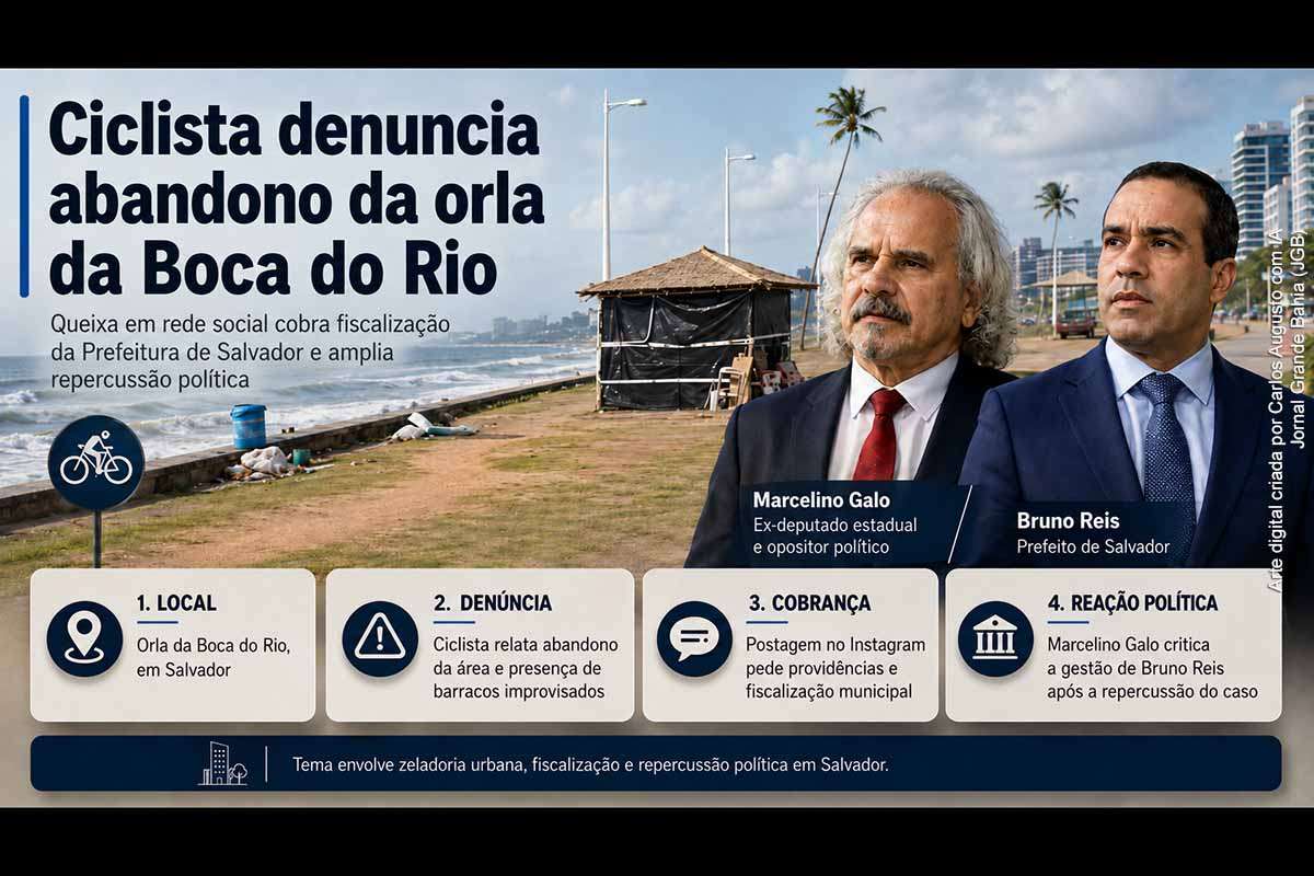 Um ciclista usou o Instagram para reclamar do estado da orla da Boca do Rio, em Salvador, e cobrar fiscalização da Prefeitura. A manifestação provocou reação do ex-deputado Marcelino Galo, que criticou Bruno Reis e ACM Neto em meio à agenda junina e ao debate político envolvendo o Banco Master. O caso exige resposta oficial sobre zeladoria urbana, ordenamento e conservação do espaço público.