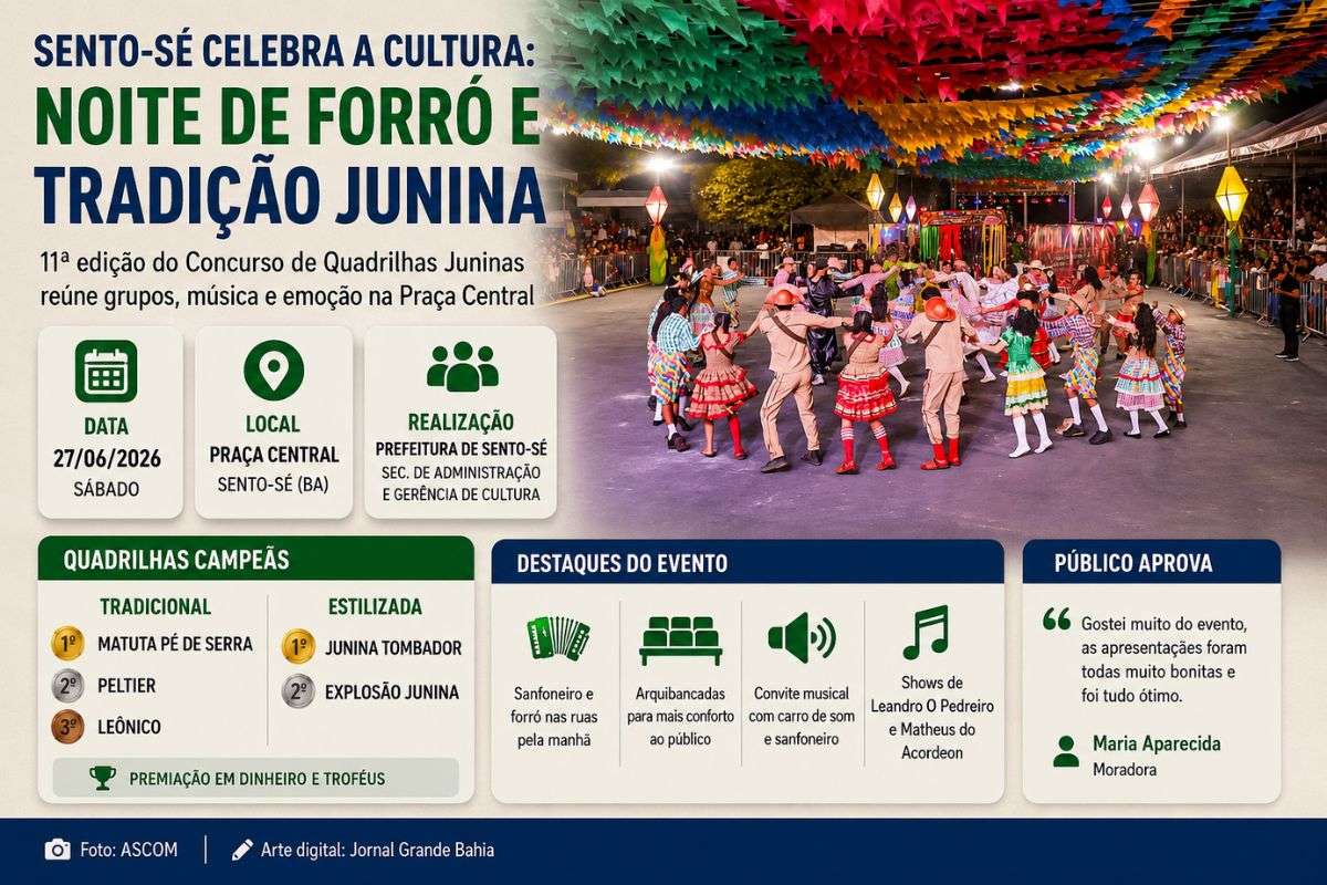 Evento realizado no sábado (27/06/2026) reuniu apresentações de quadrilhas, shows musicais e premiou grupos nas categorias Tradicional e Estilizada na Praça Central de Sento-Sé.