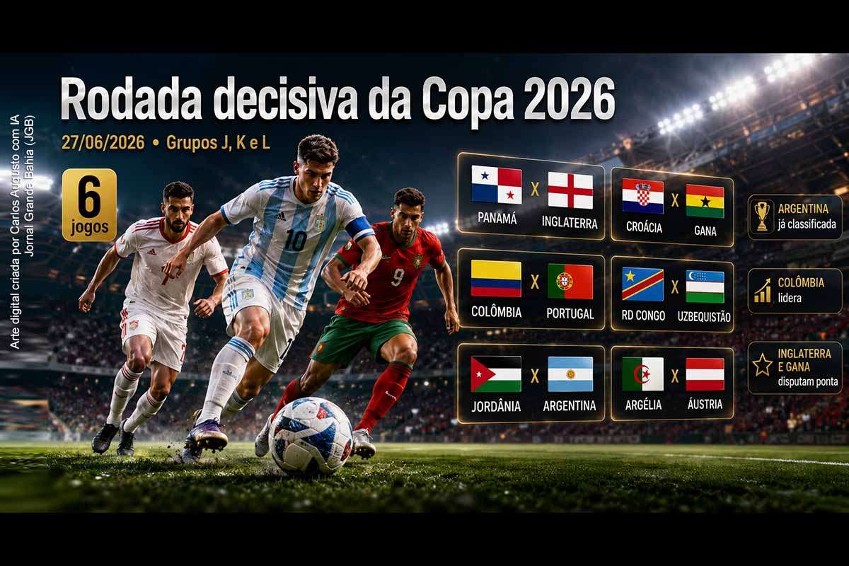 A Copa do Mundo 2026 encerra a fase de grupos neste sábado, 27/06/2026, com seis jogos decisivos pelos grupos J, K e L. Argentina, Inglaterra, Portugal e Colômbia entram em campo em situações favoráveis, enquanto Croácia, Gana, Argélia, Áustria, RD Congo e Uzbequistão disputam sobrevivência, liderança ou vaga entre os melhores terceiros colocados. A rodada definirá cruzamentos e impactos na fase de 32 avos. 