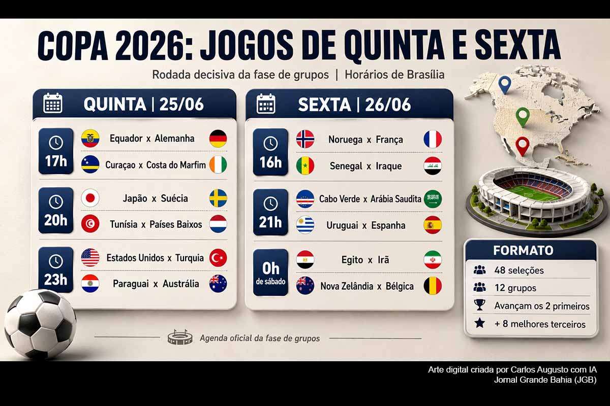 A Copa do Mundo FIFA 2026 terá rodada decisiva nesta quinta e sexta-feira, com jogos dos grupos D, E, F, G, H e I. Alemanha, Estados Unidos, França, Espanha, Uruguai, Bélgica, Japão e Países Baixos estão entre as seleções em campo. As partidas podem definir vagas diretas, posições finais nas chaves e cenários das melhores terceiras colocadas no novo formato com 48 seleções.