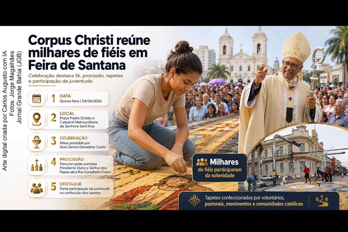 A celebração de Corpus Christi em Feira de Santana, realizada em 04/06/2026, reuniu milhares de fiéis na Praça Padre Ovídio e em procissão pelas avenidas Presidente Dutra e Senhor dos Passos. Presidida por Dom Zanoni Demettino Castro, a solenidade destacou os tradicionais tapetes religiosos, a participação de voluntários e o engajamento crescente da juventude católica na preservação da tradição.