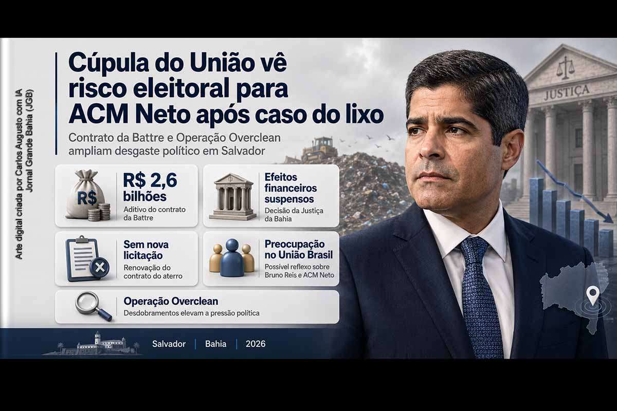 A cúpula do União Brasil avalia que a renovação sem licitação do contrato bilionário da Battre, responsável pelo aterro de Salvador, pode gerar desgaste para Bruno Reis e atingir a pré-candidatura de ACM Neto ao Governo da Bahia em 2026. A Justiça suspendeu os efeitos financeiros do aditivo, enquanto o MPBA apura a legalidade da prorrogação. O caso se soma aos desdobramentos da Operação Overclean.