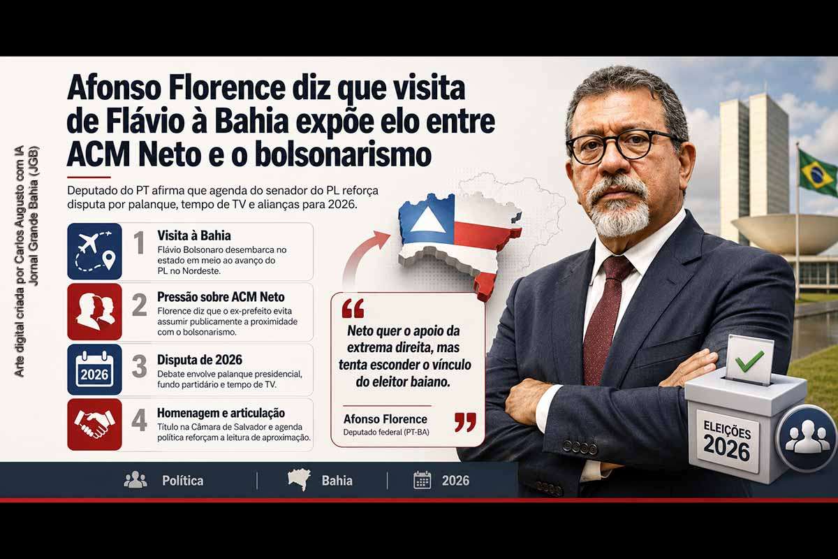 Afonso Florence afirmou que a visita de Flávio Bolsonaro à Bahia reforça a aproximação entre ACM Neto, PL e bolsonarismo. O deputado citou o interesse oposicionista no tempo de TV e na estrutura partidária do PL, criticou a homenagem aprovada em Salvador e mencionou o caso Banco Master. A disputa antecipa embates de 2026 e evidencia a nacionalização da política baiana.