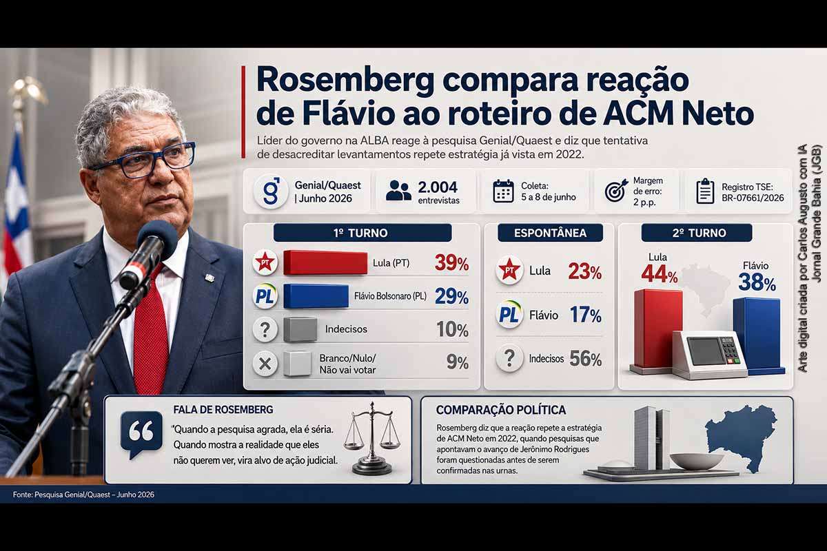A pesquisa Genial/Quaest divulgada em 10/06/2026 mostra Lula à frente de Flávio Bolsonaro no primeiro e no segundo turno da disputa presidencial. O levantamento ouviu 2.004 eleitores e tem margem de erro de 2 pontos percentuais. Rosemberg Pinto criticou a reação do PL e comparou a contestação de pesquisas à estratégia adotada por ACM Neto em 2022, na eleição ao Governo da Bahia.