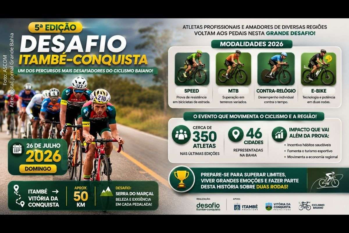 O Desafio Itambé–Conquista 2026 será realizado em 26 de julho e reunirá atletas de diversas regiões da Bahia em um percurso de 50 km pela Serra do Marçal.
