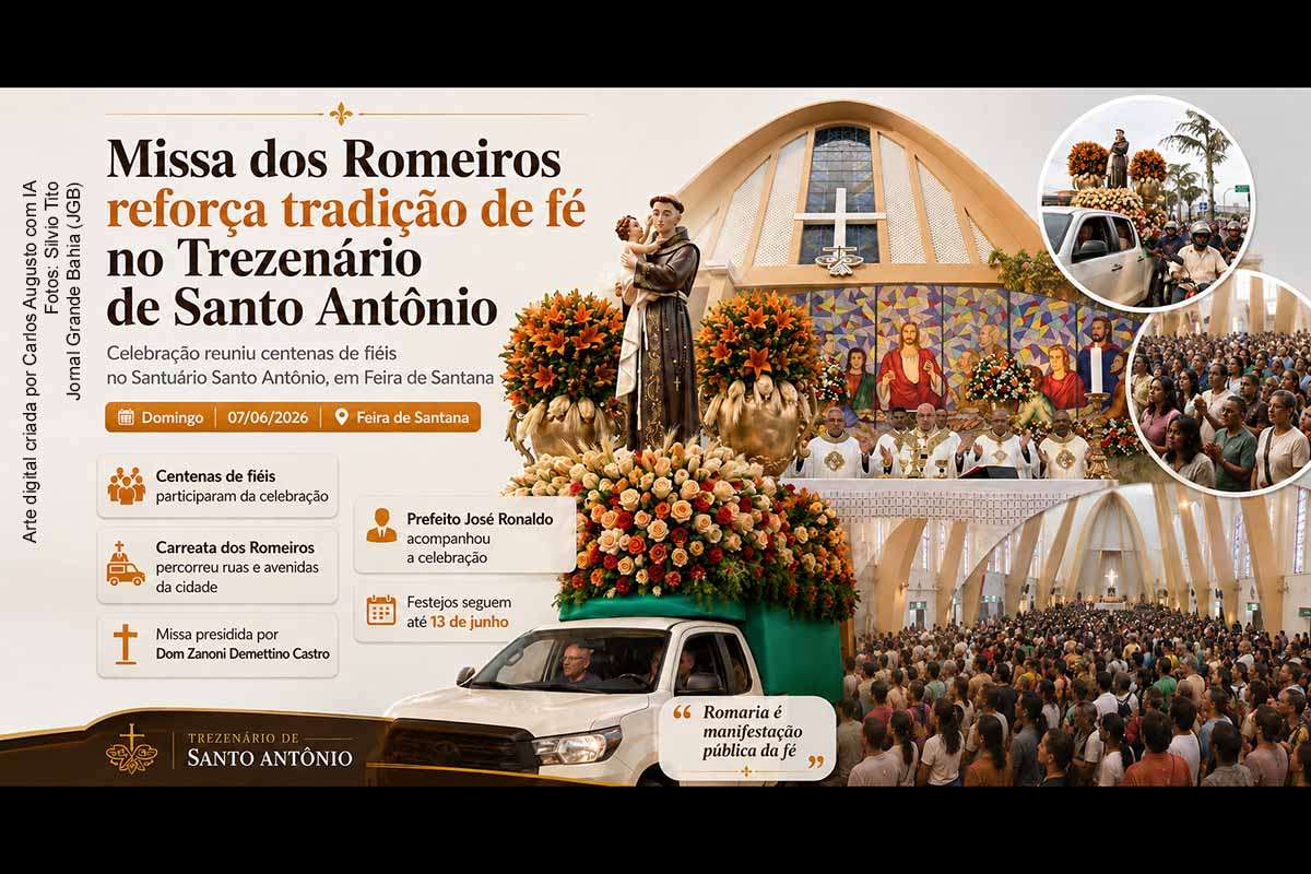 A Missa dos Romeiros reuniu centenas de fiéis no Santuário Santo Antônio, em Feira de Santana, no domingo (07/06/2026), durante o Trezenário em homenagem ao padroeiro. Presidida por Dom Zanoni Demettino Castro, a celebração foi antecedida pela Carreata dos Romeiros e destacou a fé, a humildade e o serviço ao próximo. A programação segue até 13 de junho, data dedicada a Santo Antônio.
