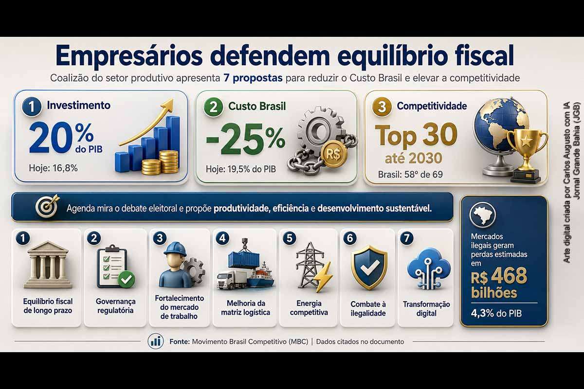 Entidades empresariais lideradas pelo Movimento Brasil Competitivo lançaram a agenda “Compromissos para um Brasil Competitivo”, com sete propostas voltadas ao debate eleitoral de 2026. O documento defende equilíbrio fiscal, governança regulatória, qualificação do trabalho, logística eficiente, energia competitiva, combate à ilegalidade e transformação digital. As metas incluem elevar investimentos a 20% do PIB, reduzir o Custo Brasil e colocar o país entre as 30 economias mais competitivas até 2030.