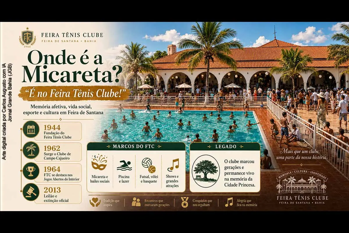 A coluna Feira em História, de Zadir Marques Porto, relembra a trajetória do Feira Tênis Clube, fundado em 1944 e extinto oficialmente em 2013. O clube marcou a vida social, esportiva e cultural de Feira de Santana, especialmente durante a Micareta, quando se consolidou como referência para foliões. O texto destaca bailes, competições, artistas nacionais e a permanência afetiva do FTC na memória feirense.
