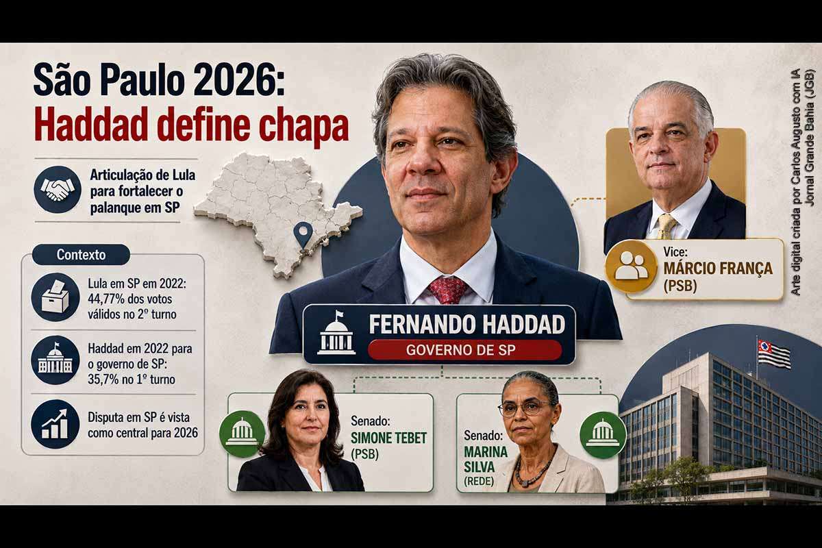 Fernando Haddad definiu Márcio França como vice na disputa pelo Governo de São Paulo, após reunião com o presidente Lula no Palácio da Alvorada. A chapa governista terá Simone Tebet e Marina Silva como candidatas ao Senado. A composição busca fortalecer o palanque de Lula no maior colégio eleitoral do país, enfrentar Tarcísio de Freitas e ampliar a votação petista nas Eleições 2026.