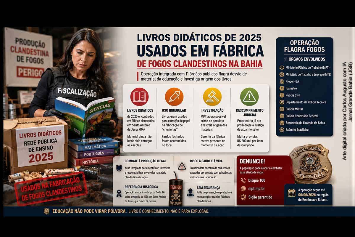 A Operação Flagra Fogos identificou uma fábrica clandestina de fogos de artifício em Santo Antônio de Jesus utilizando livros didáticos destinados à rede pública de ensino para a fabricação de artefatos explosivos. O Ministério Público do Trabalho investiga a origem do material e apura possível crime de peculato. A ação reúne 11 órgãos públicos, fiscaliza estabelecimentos no Recôncavo Baiano e também apura irregularidades trabalhistas e o descumprimento de decisões judiciais.