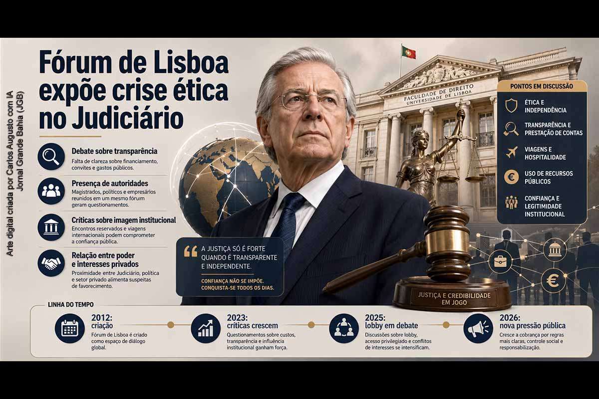 O Fórum de Lisboa, realizado em junho de 2026, reacendeu críticas sobre a presença de autoridades brasileiras em eventos internacionais com participação de magistrados, políticos, empresas e entidades privadas. Embora apresentado como encontro acadêmico, o evento passou a simbolizar preocupações com transparência, custos públicos, ética judicial e aparência de imparcialidade. A controvérsia expõe a necessidade de maior prestação de contas e rigor institucional no Judiciário.