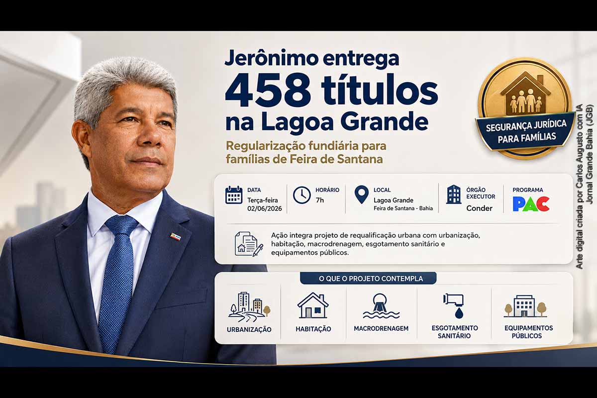 O governador Jerônimo Rodrigues entrega, na terça-feira (02/06/2026), 458 títulos de regularização fundiária a famílias da Lagoa Grande, em Feira de Santana. A ação integra projeto de requalificação urbana executado pela Conder, com intervenções em urbanização, habitação, macrodrenagem, esgotamento sanitário e equipamentos públicos. A medida busca ampliar a segurança jurídica dos moradores e consolidar os efeitos sociais das obras realizadas na região.