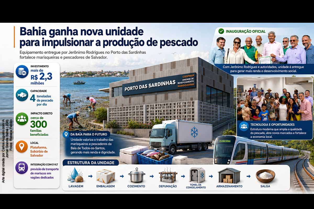 O Governo da Bahia entregou, em Plataforma, Salvador, a Unidade de Beneficiamento para Marisqueiras e Pescados, no Porto das Sardinhas. Inaugurado pelo governador Jerônimo Rodrigues no Dia do Pescador, o equipamento recebeu investimento superior a R$ 2,3 milhões, tem capacidade para processar quatro toneladas por dia e deve beneficiar cerca de 300 famílias, com integração ao VLT do Subúrbio.