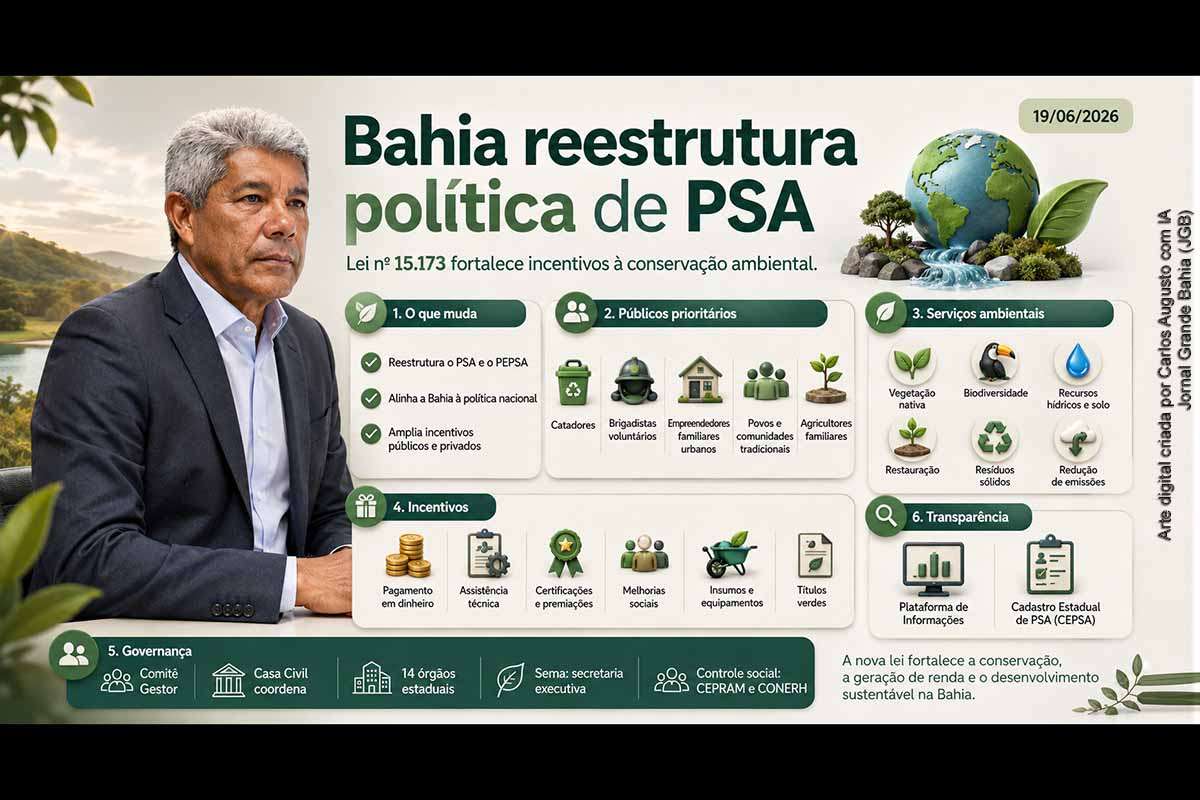 A Bahia publicou a Lei nº 15.173, sancionada pelo governador Jerônimo Rodrigues, para reestruturar a Política Estadual de Pagamento por Serviços Ambientais e o PEPSA. A norma amplia beneficiários, inclui catadores, brigadistas e empreendedores familiares urbanos, cria instrumentos de transparência e reorganiza a governança. O avanço legal dependerá de regulamentação, financiamento, monitoramento técnico e controle social efetivo.