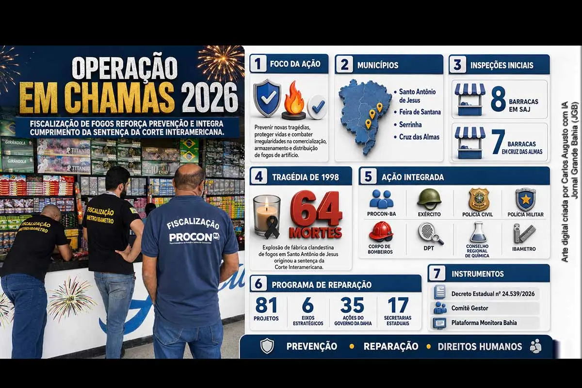 Fiscalização da Operação Em Chamas 2026 verifica comércio, armazenamento e distribuição de fogos de artifício na Bahia, em ação associada ao cumprimento de sentença da Corte Interamericana.