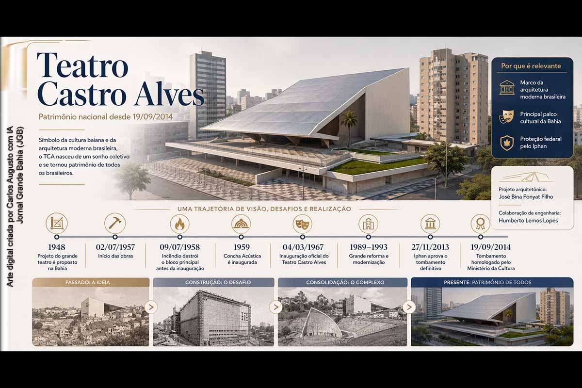 O Teatro Castro Alves foi tombado como patrimônio nacional após homologação publicada em 19/09/2014, reconhecendo sua relevância histórica, arquitetônica e cultural. A trajetória do TCA inclui projeto iniciado em 1948, incêndio em 1958, inauguração em 1967, reforma entre 1989 e 1993, requalificações recentes e papel central na cultura baiana, com atuação da Osba, do BTCA e de seus espaços cênicos.
