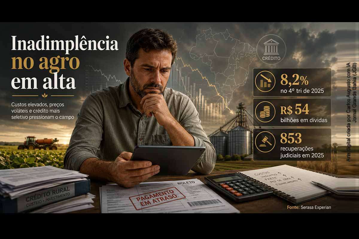 A inadimplência rural encerrou 2025 no maior nível da série trimestral da Serasa Experian, atingindo 8,2% da população rural no quarto trimestre. O avanço reflete custos elevados, preços voláteis, crédito mais seletivo e pressão no fluxo de caixa dos produtores. Instituições financeiras concentram a maior parte do valor devido, enquanto recuperações judiciais cresceram 51% no ano, reforçando a deterioração financeira em parte do agronegócio.