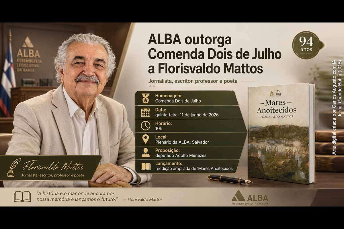 A Assembleia Legislativa da Bahia concederá a Comenda Dois de Julho ao jornalista, professor, escritor e poeta Florisvaldo Mattos, em sessão no Plenário da ALBA. A homenagem, proposta por Adolfo Menezes e aprovada por unanimidade, reconhece a trajetória do intelectual na imprensa, na literatura, no magistério superior e na cultura baiana. A cerimônia também marcará o relançamento ampliado de “Mares Anoitecidos” pela ALBA Cultural.