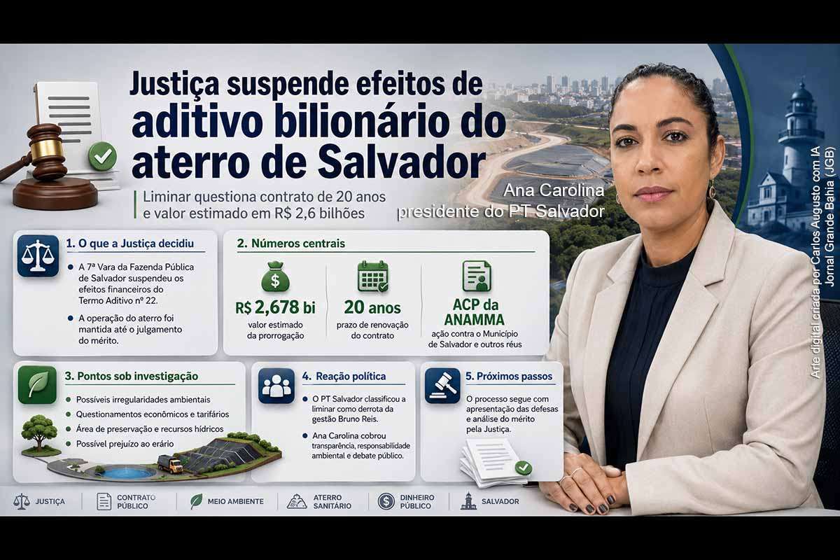 A Justiça suspendeu os efeitos financeiros do Termo Aditivo nº 22 do contrato do Aterro Metropolitano Centro, estimado em cerca de R$ 2,6 bilhões, mas manteve a operação do serviço. A decisão atende parcialmente ação da ANAMMA contra o Município de Salvador e outros réus. O PT Salvador classificou a liminar como derrota da gestão Bruno Reis, enquanto o mérito ainda será analisado.