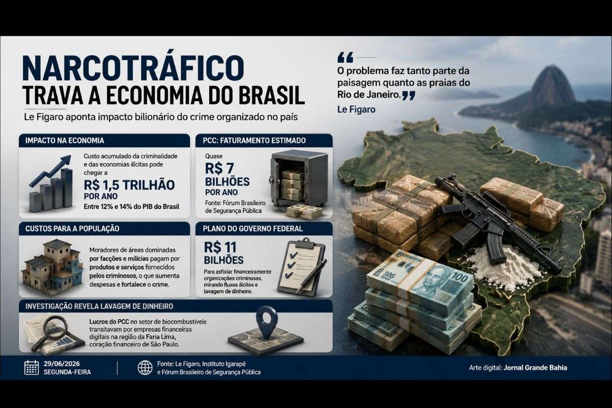 Jornal francês destaca custos das economias ilícitas, aponta impacto sobre o PIB do Brasil e cita plano do governo federal para combater o financiamento das organizações criminosas.
