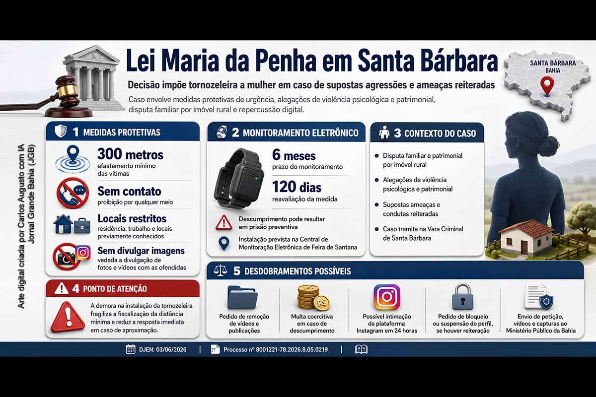 Decisão da Vara Criminal de Santa Bárbara impôs medidas protetivas contra uma mulher identificada pelas iniciais ASO, incluindo afastamento de 300 metros, proibição de contato e tornozeleira eletrônica por seis meses. O caso envolve alegações de violência psicológica e patrimonial, disputa familiar por imóvel, vídeo atribuído à requerida e possível pedido de novas medidas coercitivas, inclusive remoção de conteúdo em rede social.