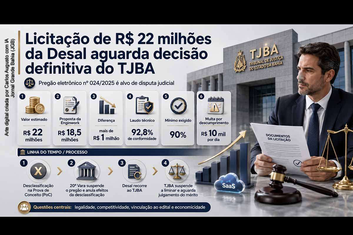 A licitação de cerca de R$ 22 milhões da Desal aguarda decisão definitiva do TJBA após disputa envolvendo a desclassificação da Enginwork Construtora na fase de Prova de Conceito. A empresa afirma ter sido eliminada por critérios não previstos no edital, apesar de laudo técnico apontar 92,8% de conformidade e proposta mais econômica. O caso envolve legalidade, competitividade, economicidade e controle de contratações públicas.