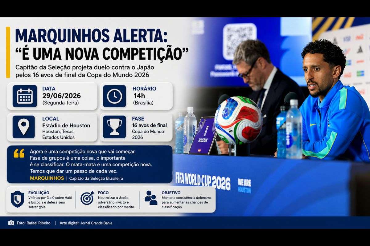 Capitão da Seleção Brasileira destaca importância da concentração antes do duelo contra o Japão, nesta segunda-feira (29/06/2026), pelos 16 avos de final da Copa do Mundo.