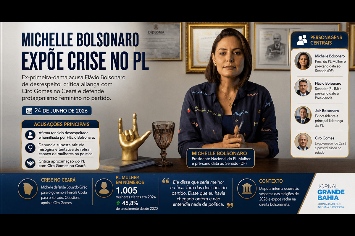Michelle Bolsonaro publicou vídeo em que criticou Flávio Bolsonaro, contestou a aproximação do PL com Ciro Gomes no Ceará e defendeu a manutenção de Priscila Costa na disputa ao Senado. A ex-primeira-dama afirmou ter sido desrespeitada pelo enteado e apresentou números do PL Mulher para reforçar sua legitimidade política. O episódio amplia fissuras no bolsonarismo e pressiona a pré-campanha presidencial de Flávio em 2026.
