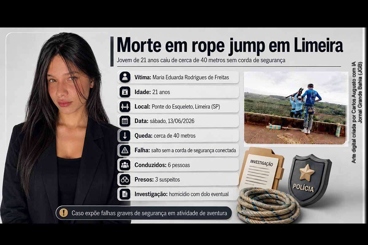 Maria Eduarda Rodrigues de Freitas, de 21 anos, morreu no sábado, 13/06/2026, durante atividade de rope jump na Ponte do Esqueleto, em Limeira, após ser lançada sem a corda de segurança conectada. A Polícia Militar conduziu seis pessoas à delegacia, e três suspeitos foram presos por homicídio com dolo eventual. O caso expõe falhas de segurança, fiscalização e responsabilidade em atividades comerciais de risco.