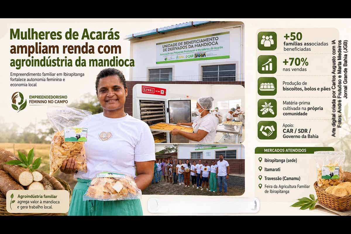 Mulheres da comunidade rural de Acarás, em Ibirapitanga, ampliaram a geração de renda com uma agroindústria familiar voltada ao beneficiamento da mandioca. Com apoio da CAR/SDR, a associação estruturou a produção de biscoitos, bolos e pães, melhorou embalagens e rotulagem e registrou aumento de cerca de 70% nas vendas. A iniciativa beneficia mais de 50 famílias associadas e fortalece a economia local.