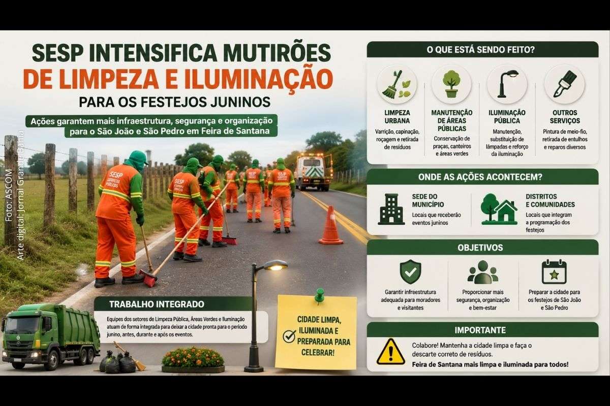 Serviços de limpeza urbana, manutenção de áreas públicas e reforço da iluminação estão sendo executados na sede e nos distritos que receberão eventos de São João e São Pedro.