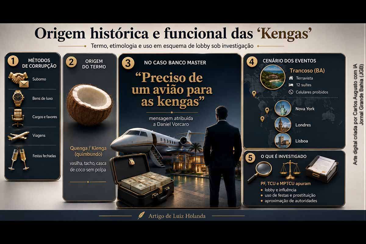 O artigo de Luiz Holanda examina a origem histórica e social do termo “Kengas” e sua utilização pejorativa em mensagens atribuídas a Daniel Vorcaro, ex-controlador do Banco Master. O texto relaciona festas em Trancoso e no exterior, presença de autoridades, suspeitas de lobby, atuação da PF e do TCU, além de discutir a persistente impunidade em crimes envolvendo poder econômico, influência política e estruturas institucionais.