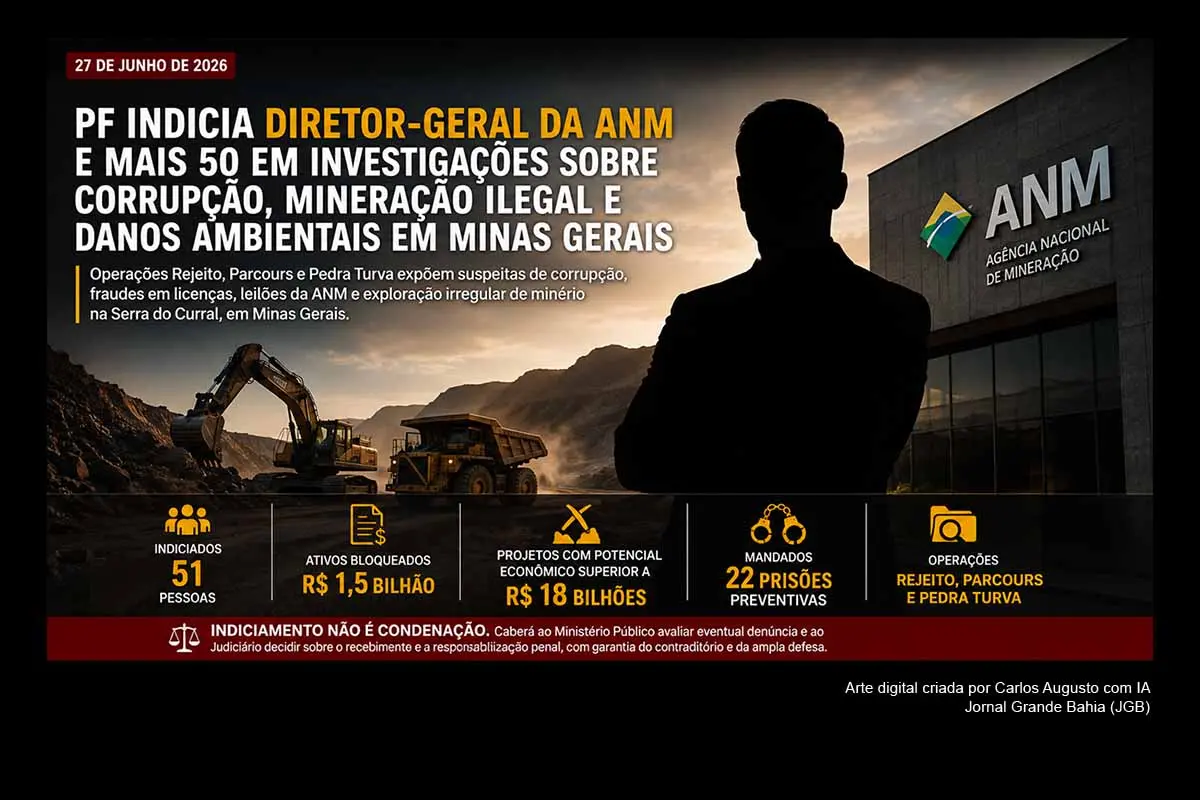A Polícia Federal concluiu investigações relacionadas às operações Rejeito e Parcours e indiciou o diretor-geral da ANM, Mauro Henrique Moreira Sousa, e outras 50 pessoas. As apurações envolvem suspeitas de corrupção, fraudes em licenças, mineração ilegal, lavagem de dinheiro e danos ambientais em Minas Gerais, especialmente na Serra do Curral. O caso expõe fragilidades na regulação mineral e dependerá de análise do Ministério Público e do Judiciário.