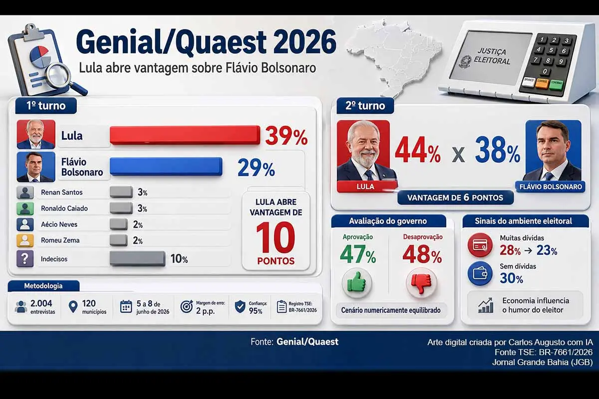A pesquisa Genial/Quaest de junho de 2026 mostra Lula numericamente à frente de Flávio Bolsonaro nos cenários de primeiro e segundo turno para a Presidência da República. O levantamento ouviu 2.004 pessoas em 120 municípios e registra avaliação do governo federal praticamente dividida. Economia, endividamento, Banco Master, tarifas e agenda internacional aparecem como fatores relevantes na formação do ambiente eleitoral.