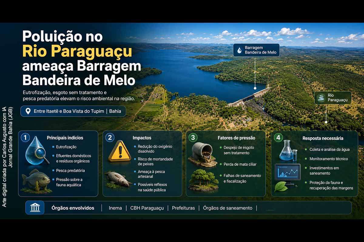 A Barragem Bandeira de Melo, no Rio Paraguaçu, enfrenta sinais de eutrofização associados a despejo de esgoto, resíduos orgânicos e pesca predatória, segundo informações locais. O problema ameaça espécies nativas, pesca artesanal, comunidades ribeirinhas e qualidade da água. A reportagem aponta necessidade de diagnóstico técnico, fiscalização ambiental, investimentos em saneamento e atuação coordenada do Inema, CBH Paraguaçu, municípios e órgãos de controle.