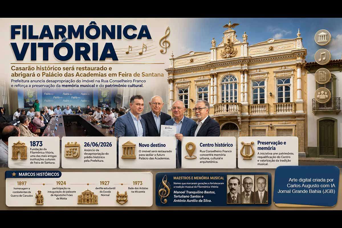 A Filarmônica Vitória, fundada em 1873 em Feira de Santana, integra a memória musical, social e urbana do município. Ligada ao padre Ovídio Alves de São Boaventura, a instituição participou de eventos históricos, formou músicos e ocupou prédio simbólico na Rua Conselheiro Franco. A desapropriação anunciada em 26/06/2026 para criação do Palácio das Academias recoloca o patrimônio no centro do debate público.