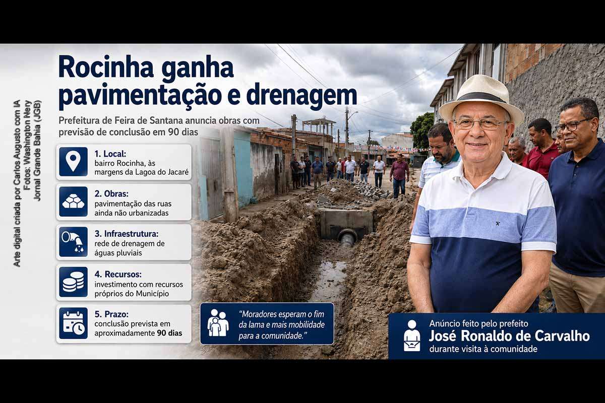 A Prefeitura de Feira de Santana anunciou obras de pavimentação e drenagem de águas pluviais nas ruas ainda não urbanizadas do bairro Rocinha, às margens da Lagoa do Jacaré. O anúncio foi feito pelo prefeito José Ronaldo de Carvalho durante visita à comunidade, acompanhado de secretários e técnicos. As intervenções serão custeadas com recursos próprios e devem ser concluídas em cerca de 90 dias.