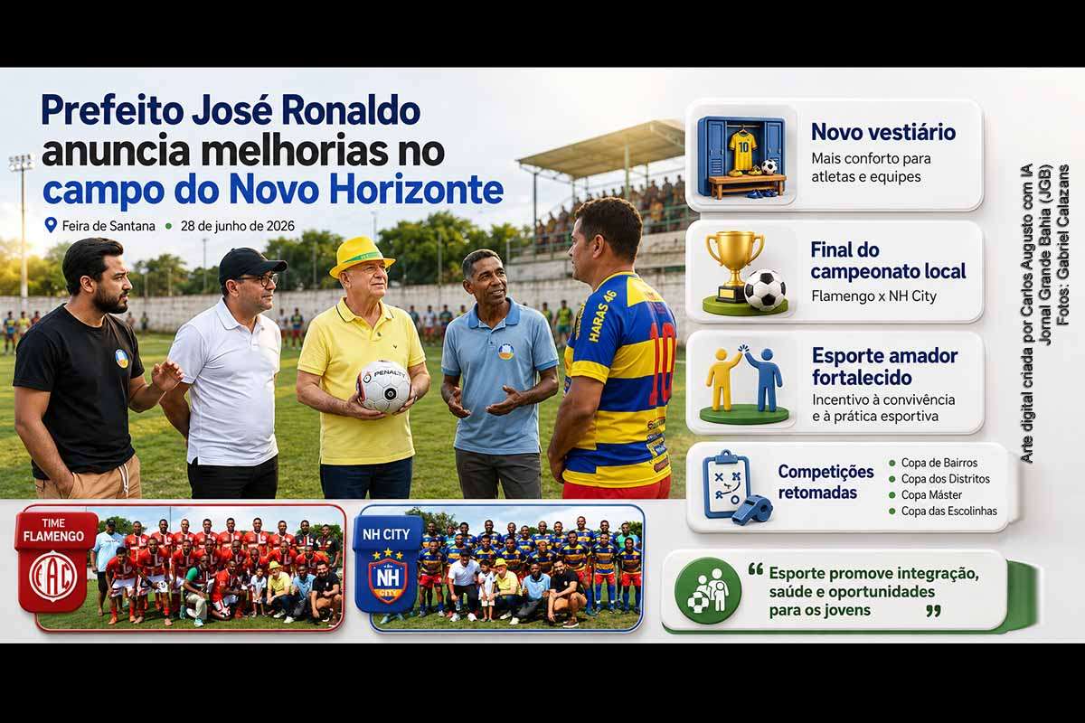 O prefeito José Ronaldo visitou o campo de futebol do bairro Novo Horizonte, em Feira de Santana, no domingo (28/06/2026), acompanhou a final entre Flamengo e NH City e anunciou melhorias para o espaço, incluindo a construção de um vestiário. A medida integra ações de valorização do esporte amador, fortalecimento do calendário esportivo municipal e ampliação da infraestrutura comunitária nos bairros.