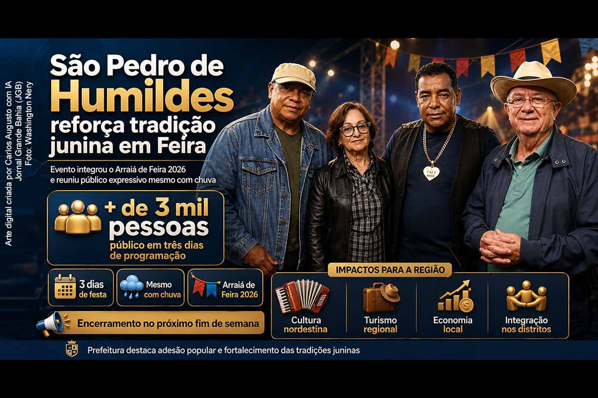 O prefeito José Ronaldo avaliou como positivo o São Pedro de Humildes, que reuniu mais de 3 mil pessoas em três dias de programação, mesmo com períodos de chuva. A festa integrou o Arraiá de Feira 2026, promovido pela Prefeitura de Feira de Santana, e foi apontada pela gestão como instrumento de valorização cultural, movimentação econômica e fortalecimento das tradições juninas nos distritos.