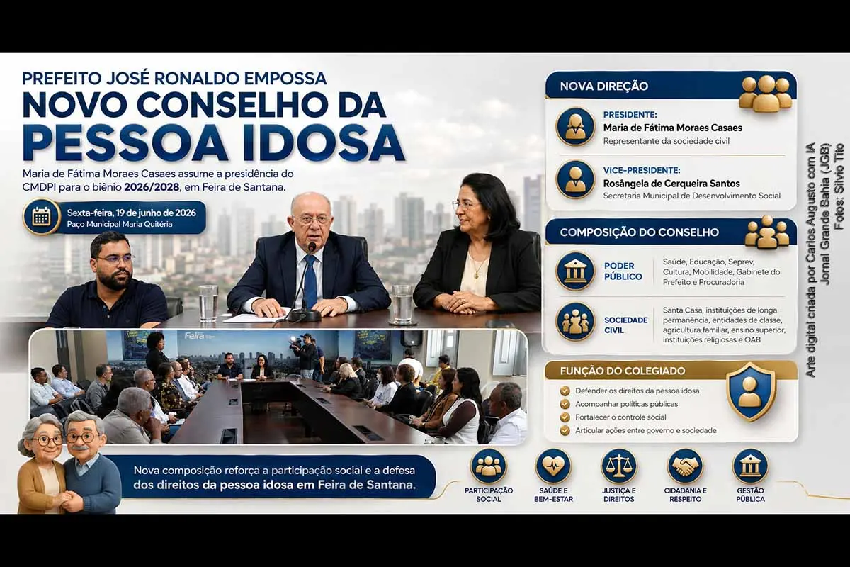 Maria de Fátima Moraes Casaes, representante da sociedade civil, assumiu a presidência do Conselho Municipal dos Direitos da Pessoa Idosa de Feira de Santana para o biênio 2026/2028. A eleição ocorreu após posse dos novos conselheiros pelo prefeito José Ronaldo de Carvalho, no Paço Municipal Maria Quitéria. O colegiado reúne representantes do poder público, entidades sociais, instituições religiosas, ensino superior, OAB e organizações de atendimento a idosos.