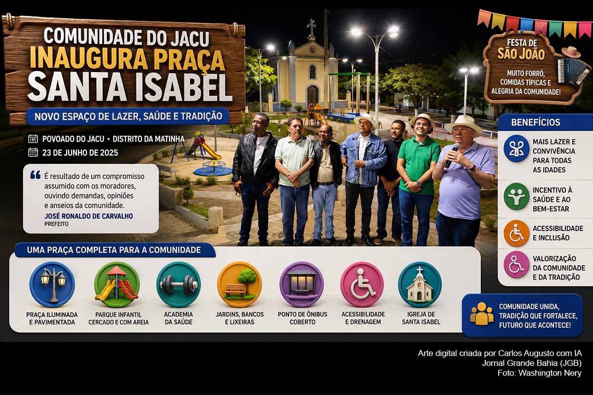 A Prefeitura de Feira de Santana inaugurou a Praça Santa Isabel no povoado do Jacu, distrito da Matinha, durante os festejos juninos da comunidade. O novo espaço reúne pavimentação, iluminação, parque infantil, Academia da Saúde, acessibilidade, paisagismo e ponto de ônibus coberto. A entrega fortalece o lazer, a convivência comunitária e a tradição cultural local, exigindo manutenção permanente e acompanhamento institucional.