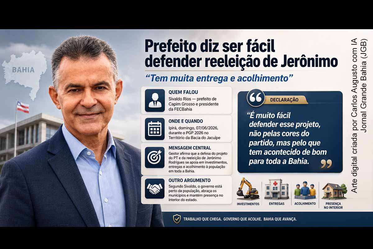 Durante o PGP 2026 em Ipirá, Sivaldo Rios, prefeito de Capim Grosso e presidente da FECBahia, defendeu a continuidade do projeto político de Jerônimo Rodrigues. O gestor associou a reeleição do governador a entregas, investimentos e presença territorial do Governo da Bahia. A declaração reforça a estratégia da base governista de vincular a disputa eleitoral à agenda administrativa e à articulação com lideranças do interior.