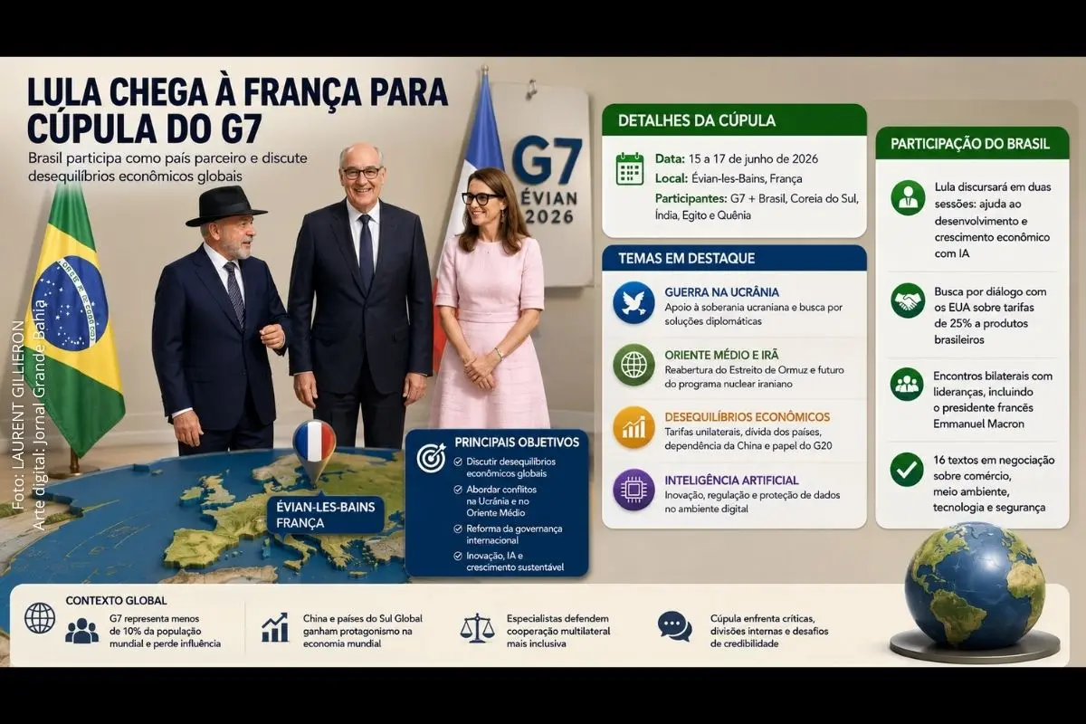 Presidente brasileiro participa como convidado da reunião do G7 e deve discursar sobre desenvolvimento, economia global e inteligência artificial.