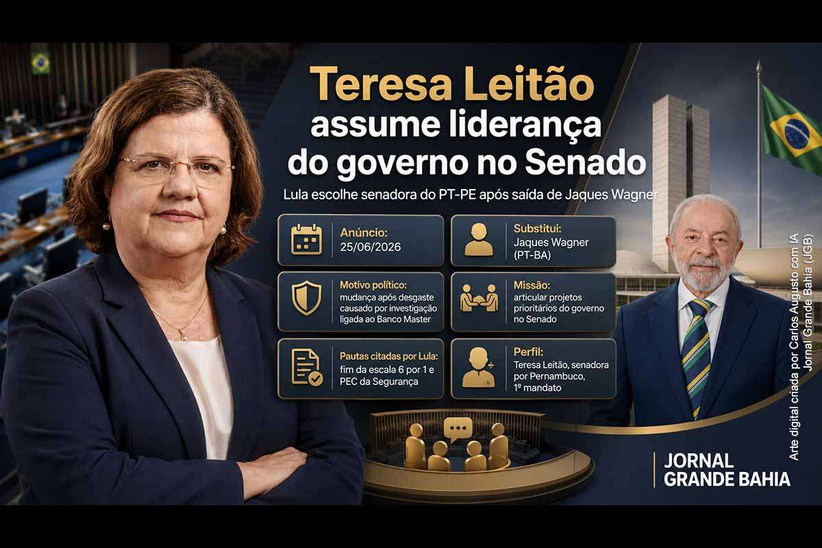 O presidente Lula escolheu Teresa Leitão para substituir Jaques Wagner na liderança do governo no Senado após o senador baiano deixar o cargo em meio à repercussão da investigação sobre o Banco Master. A senadora pernambucana assumirá a articulação de pautas como o fim da escala 6 por 1 e a PEC da Segurança, enquanto Wagner afirma que concentrará esforços em sua defesa e na agenda eleitoral.